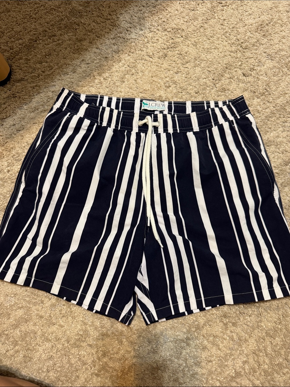 J. Crew Navy and White Vertical Stripe Swim Trunks